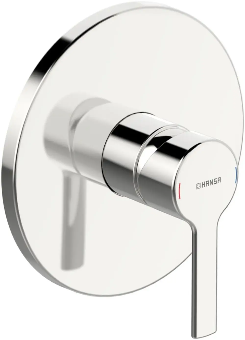 Einhebelmischer mit runder Rosette in Chrom, geeignet für Brausebatterie, mit klar erkennbaren Temperatur- und Durchflussreglern, Marke HANSA.